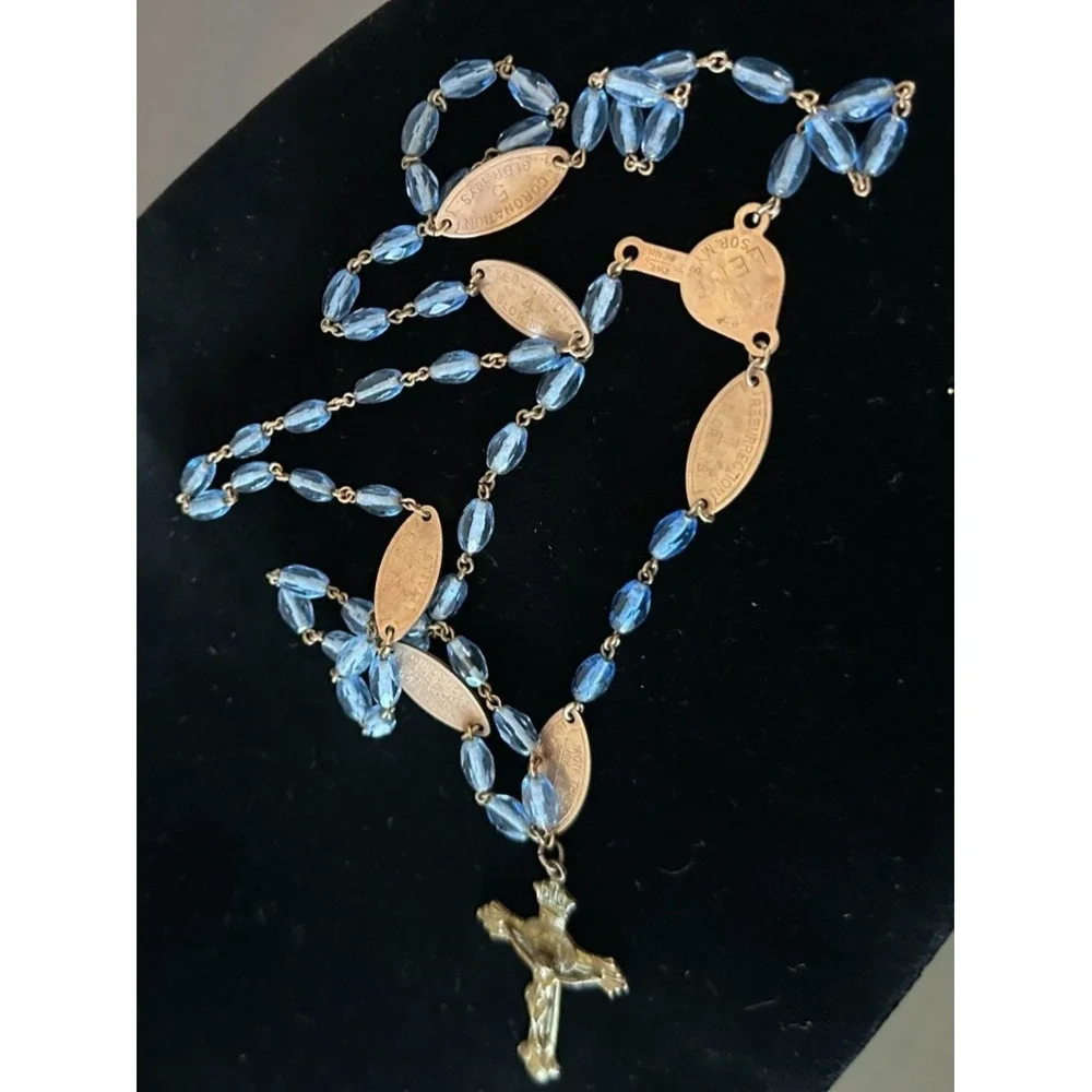 Blue Glass Beads Rosary Crucifix / Mother Mary/Sacred Heart Seven Sorrows‎